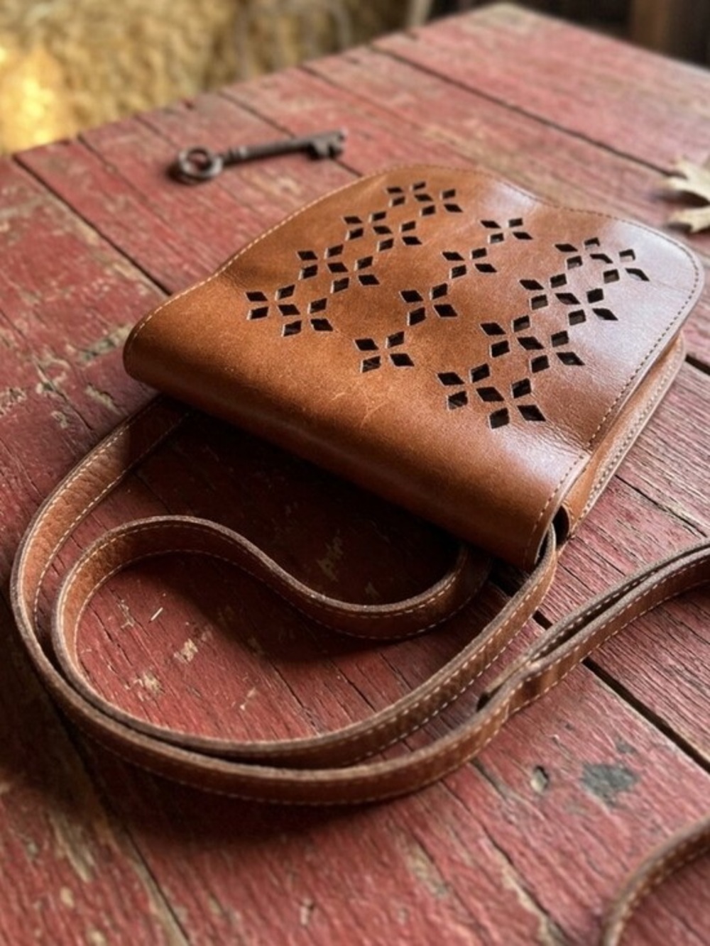 Patricia Nash Perforated Oil rub Granada Crossbody Purse in Tan Leather - Picture 2 of 7